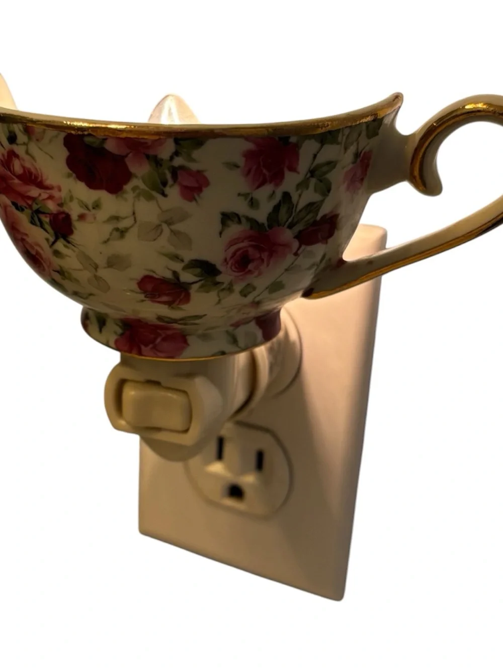 Victorian Rose Chintz Porcelain Teacup Night Light Pink Red Green Floral 4”x 5”